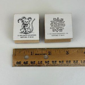 2 Vtg 90s Christmas Holiday Mouse Rat Snowflake Rubber Stamp Center Enterprises